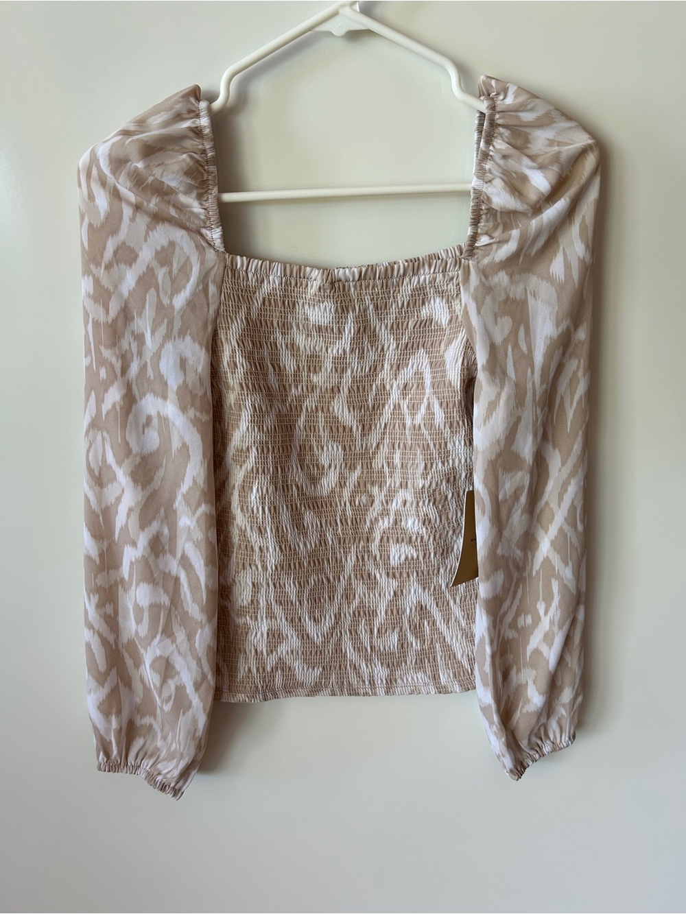 Halogen Beige and White Smocked Long-Sleeve Top